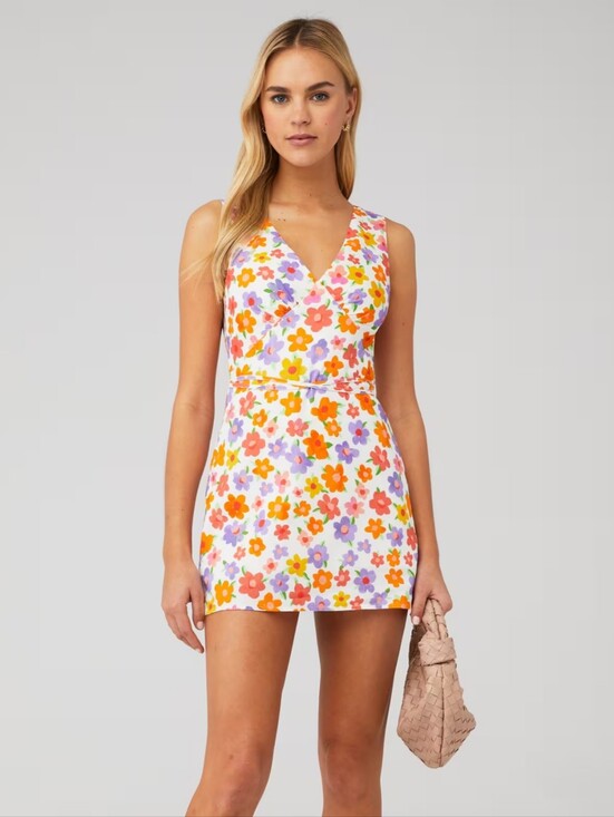 Peppermayo Dresses & Skirts - Peppermayo- Floral V-Neck- Mini Dress with Orange & Pink Blooms Size 6.